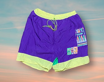 Vintage Retro 90s Surfing Badehose Lila/Grün S W28