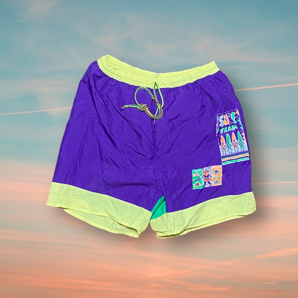 Vintage Retro 90s Surfing Badehose Lila/Grün S W28