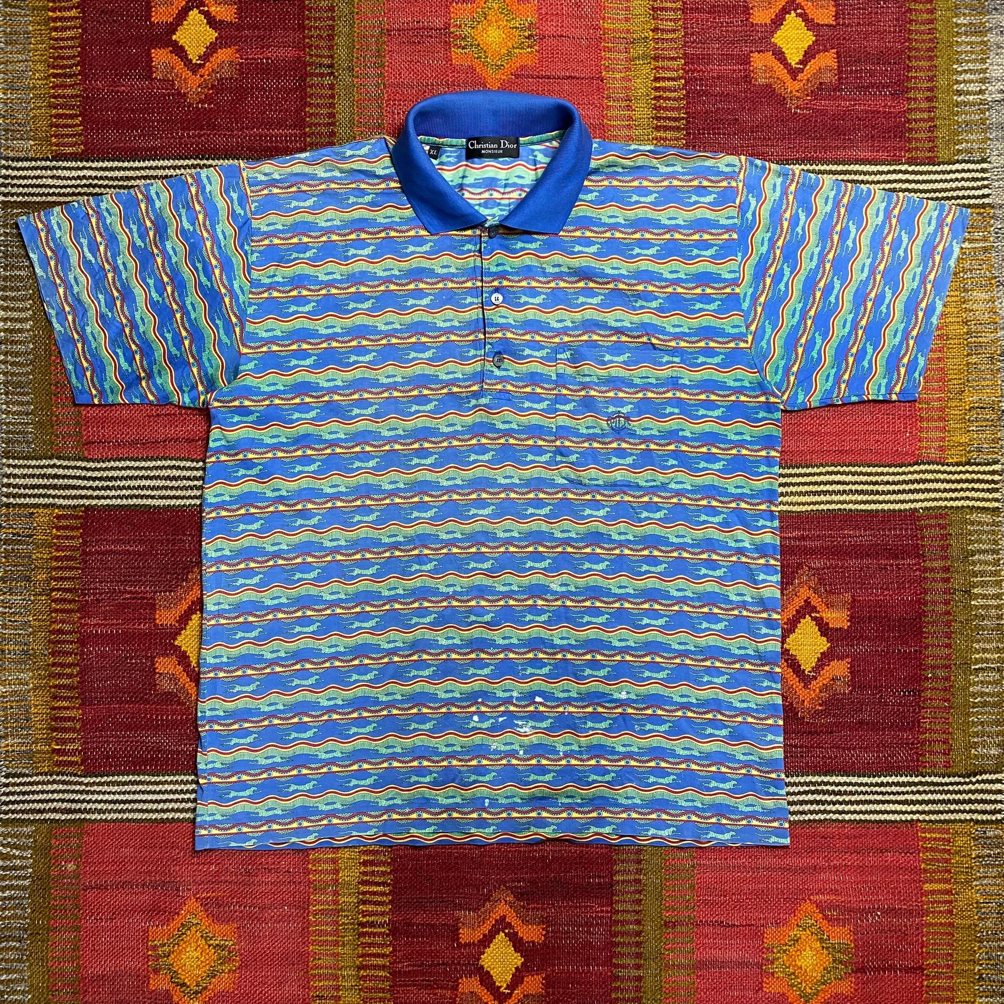 Vintage Christian Dior Men's Distressed Stripe Polo Shirt Size L