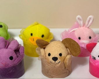 Mesh Sponge Character Soap Bar/Soap on a Rope/Kid Soaps/Dog Soap/Cat Soap/Bunny Soap