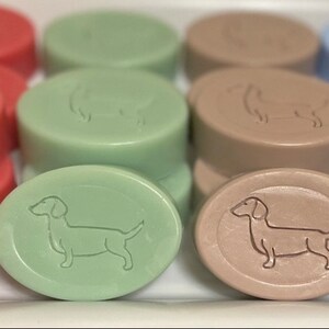 Op de afbeelding: Een verzameling ovale zepen in rood, groen, beige en blauw, elk met een reli&euml;f dachshund ontwerp. De zepen zijn gerangschikt op een wit dienblad. De afbeelding toont de verscheidenheid aan kleuren en het gedetailleerde honden silhouet op elke zeep.