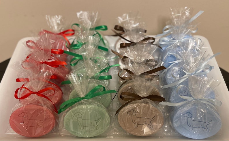 Op de afbeelding: Ovale zepen in verschillende kleuren, elk verpakt in transparant cellofaan en vastgebonden met een lint. De zepen hebben een teckel-hond ontwerp. Kleuren zijn rood, groen, bruin en blauw. Gepresenteerd in een witte tray.