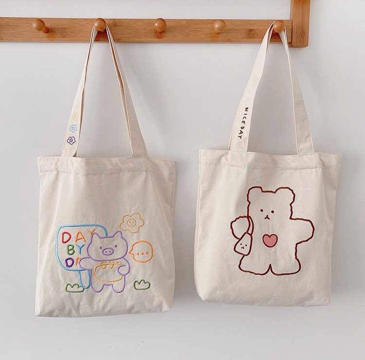 Cute Tote Bag/ Kawaii Tote Bag/ Bear or Piggies Tote Bag/ Etsy