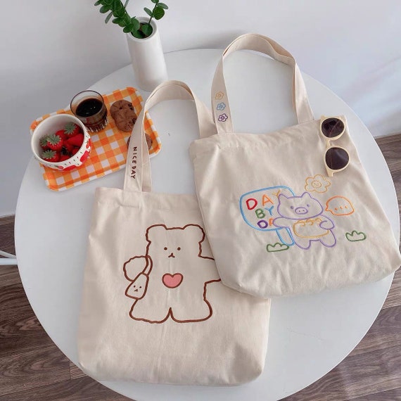 Cute Tote Bag/ Kawaii Tote Bag/ Bear or Piggies Tote Bag/ | Etsy