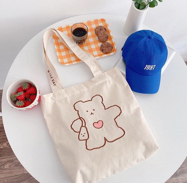 Cute Tote Bag/ Kawaii Tote Bag/ Bear or Piggies Tote Bag/ Etsy