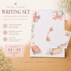 Puede incluir: Juego de escritura floral pastel con papel de carta y sobre. El juego incluye papel de carta rayado con un delicado diseño floral de acuarela y sobres a juego. Disponible en tamaños A4 o A5. El diseño es hermoso, femenino y atemporal.