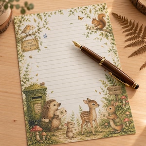 May include: A sheet of lined stationery featuring a forest theme with illustrations of a hedgehog, a deer, a rabbit, and a mouse holding envelopes. A green post box is labelled Letters for our Planet, and a fountain pen rests on the paper.
