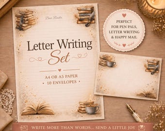 Book Lover Writing Paper Set | A4 A5 Lined Stationery + C6 Envelope | Vintage Cottagecore Letter Writing | Journal Paper