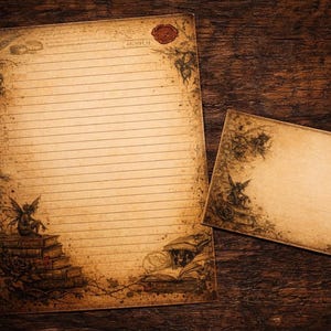 Puede incluir: Juego de papelería de estilo vintage con papel rayado y una tarjeta más pequeña, ambos con papel envejecido e ilustraciones decorativas de hadas, libros y rosas. El conjunto tiene una estética rústica y antigua, ideal para escribir cartas.
