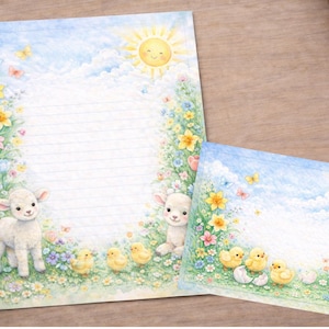 May include: A watercolour stationery set with a lined letter sheet and envelope. The design features a sunny sky, flowers, butterflies, and cute lambs, chicks, and a bunny. The theme is spring and Easter.