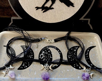 Multi Stranded Black Triple Moon Goddess With Raw Amethyst Necklace