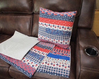 Patriotic quilted pillow cover, handmade, modern patchwork in red, white and blue fabric (18x18)