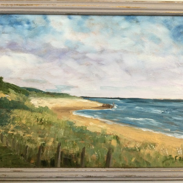 Framed beach original oil painting on board