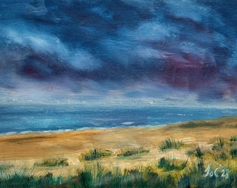 Red sky at sea, original oil painting on canvas board 20x25cm, sunset, coast, Norfolk