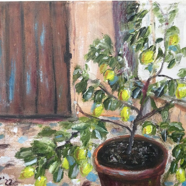 Lemon tree, original oil painting on box canvas 10x12"