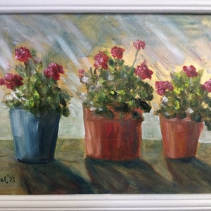 May include: A painting depicting three potted plants with red flowers. The plants are in different coloured pots, one blue, one red, and one brown. The background is a light yellow with white streaks.