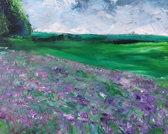 Lilac field landscape original oil painting on wood panel 8x10inches"