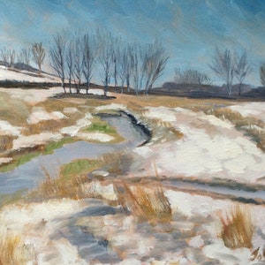 Prés d&#39;eau d&#39;hiver, peinture à l&#39;huile originale sur toile 20 x 10 pouces