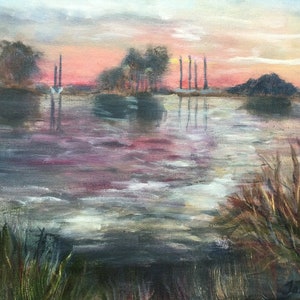 Sunset Thurne, original oil painting on box canvas 10x12&quot;, Norfolk Broads, lakes, rivers
