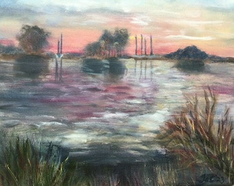Sunset Thurne, original oil painting on box canvas 10x12", Norfolk Broads, lakes, rivers
