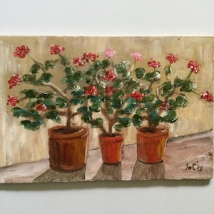 Sunny geraniums, original oil painting on wood panel