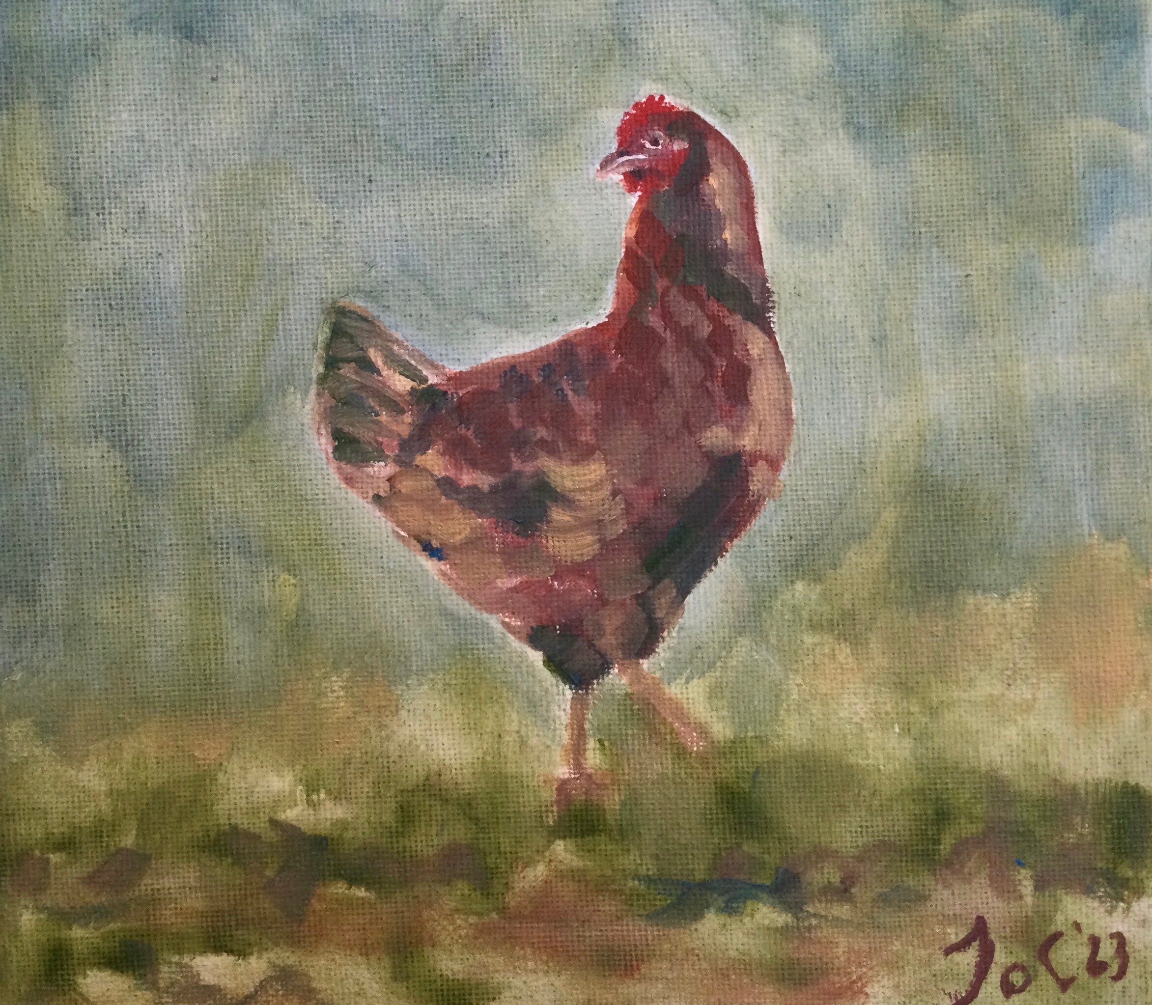Little hen, original oil painting on box canvas 8x8"