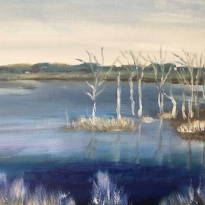 Peinture à l&#39;huile originale sur toile 20 x 10 pouces, peinture de paysage large Hickling