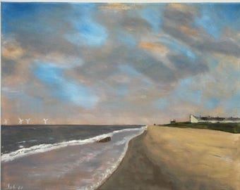Norfolk beach, original oil painting on box canvas 40x50cm