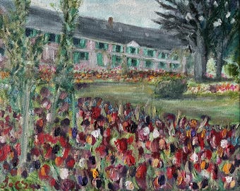 Giverny in Springtime, original oil painting on box canvas 10x8inches, Monet, garden, tulips