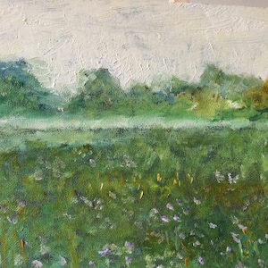 Misty meadow original oil painting on canvas board 10x8&quot;