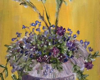 Violets and periwinkle, original oil painting on wood panel 8x8 inches, 20x20cm
