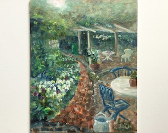 Garden with hellebores, original oil painting on canvas board 8x10 inches