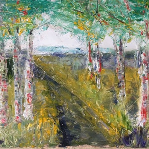 Chemin d&#39;arbre de bouleau peinture à l&#39;huile originale sur bois dur 20 x 10 po.