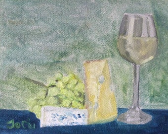 Cheese and wine original oil painting on hardboard 10x8"