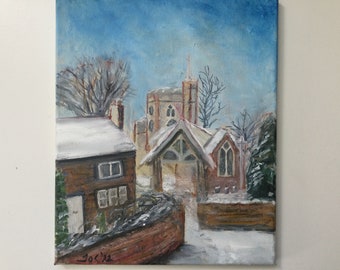 Church in snow, original oil painting on box canvas 10x12"