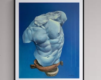 Busto masculino escultura arte grabado. Estampado de torso masculino azul. Pintura escultórica de busto.