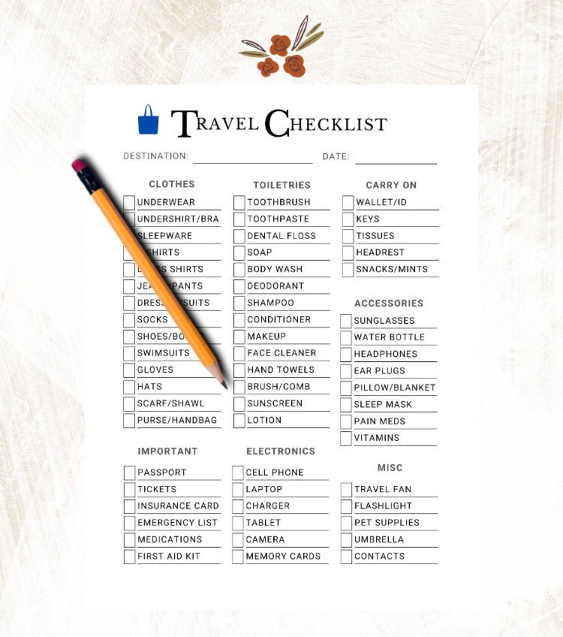 Travel Checklist Travel List Template Packing List Download
