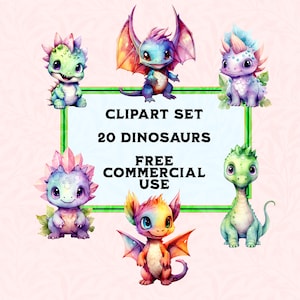 Watercolor Dinosaur Clipart Set: 20 Dino PNG Images (Digital Download)