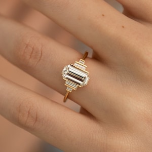 Emerald Cut 10X5MM Colorless Moissanite Five-Stone Ring, Half Bezel Setting Solitaire Ring, Solid 14K Yellow Gold Ring, Valentine's Gifts