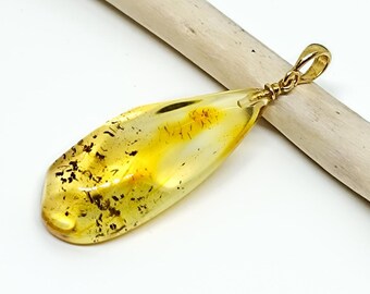 Natural Baltic Amber Pendant: Gold Plated Silver Bail, Plant Fossils