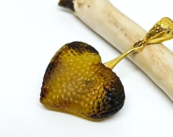 Engraved Baltic Amber Heart Pendant: Gold Plated Sterling Silver