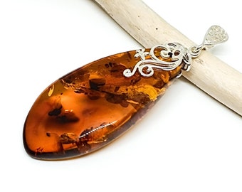 Baltic Amber Sterling Silver Pendant: Cognac Teardrop, 925 Silver