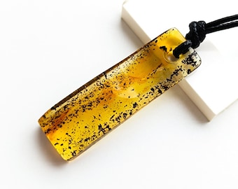 Large Baltic Amber Pendant: Handcrafted Rectangular Gemstone with Adjustable String