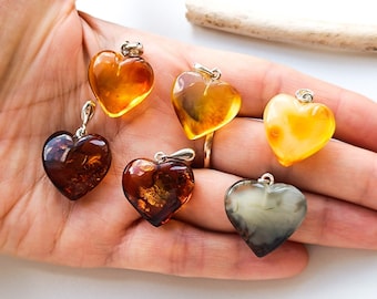 Natural Baltic Cognac Amber Heart Pendant: 925 Sterling Silver Bail