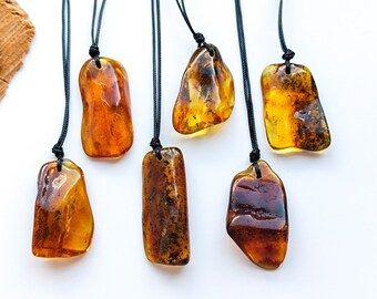 Raw Real Natural Baltic Amber Pendant, Genuine Amber Pendant with Adjustable String, Rough Stone Jewelry, Authentic Stone Pendant