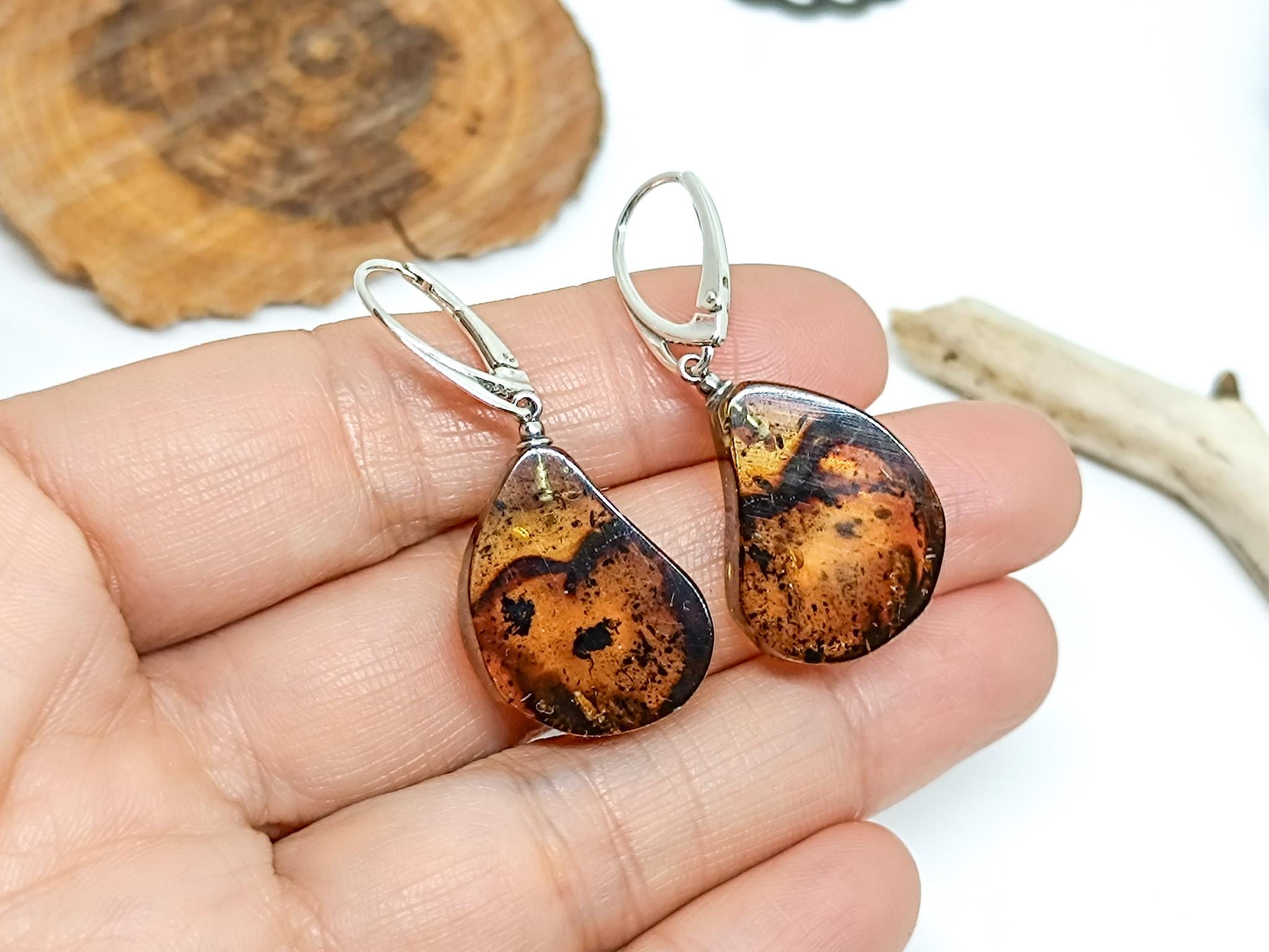 Orecchini In Ambra Baltica Naturale Con Incastro Argento 925 - Design Uccellini Dell'Amore - In Scatola Regalo In Legno
