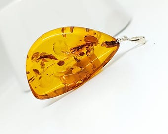 Large Cognac Baltic Amber Pendant: 925 Silver Bail, Plant Fossils