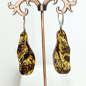 Large Raw Baltic Amber Drop Earrings: 925 Sterling Silver