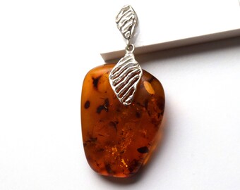 Pendentif Rond En Ambre De La Baltique Cognac Avec Boucle Argent 925 - Taille 10.5 Ou 13 Mm