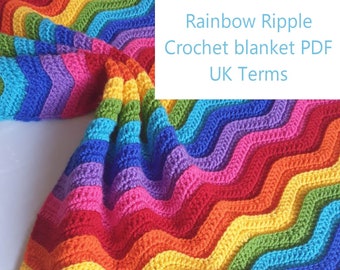 The rainbow ripple, Crochet blanket pattern, Baby blanket crochet blanket UK terms,Crochet blanket pattern PDF, Crochet pattern baby blanket